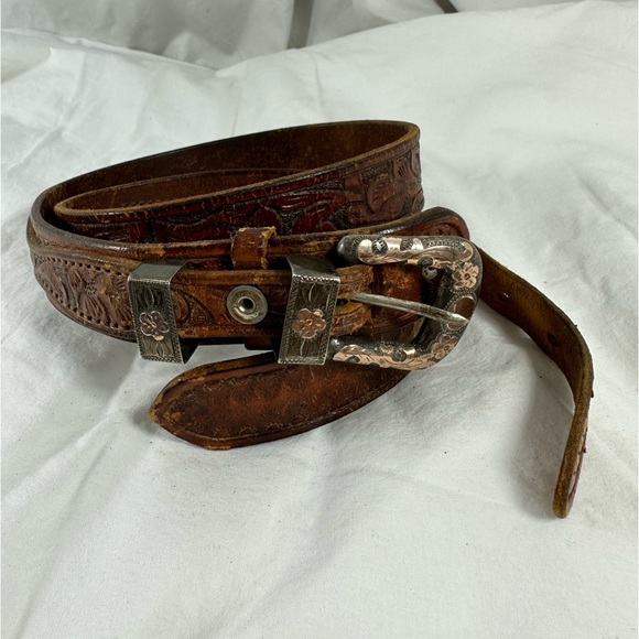 Vintage 4 piece sterling tan western tooled leather belt small - Picture 9 of 13